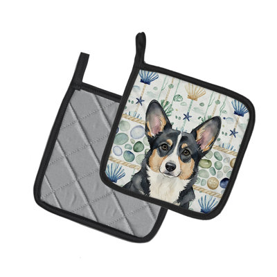 Paire de poignées en verre de mer noir et blanc Cardigan Welsh Corgi
