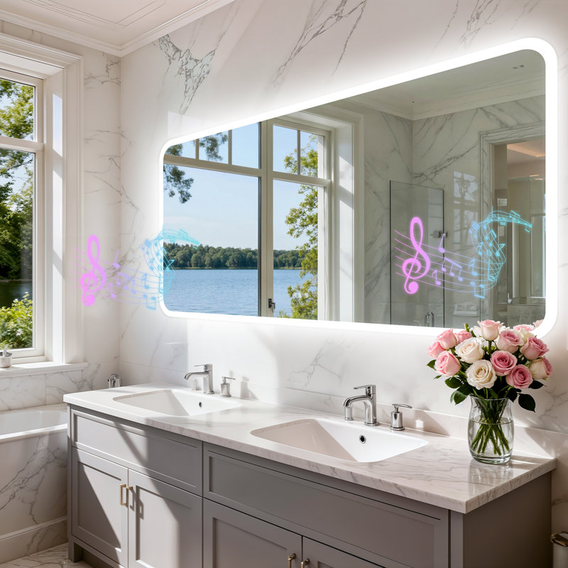 Miroir de salle de bain à DEL anti-buée avec lumières, Bluetooth, haut-parleur double puissant, température de couleur 3, intensité variable Ip66
