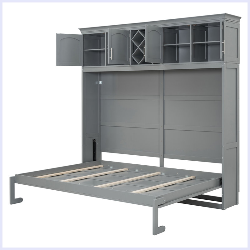 Lit escamotable moderne avec armoires supérieures et support à vin, Gris