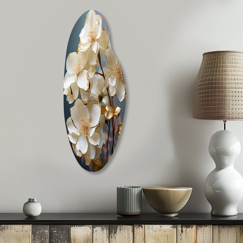 Baroque Hydrangea White And Gold II - Curved Hydrangea Metal Wall Art, Asymmetrical Metal Wall Sculpture Print, 30" H x 11" W