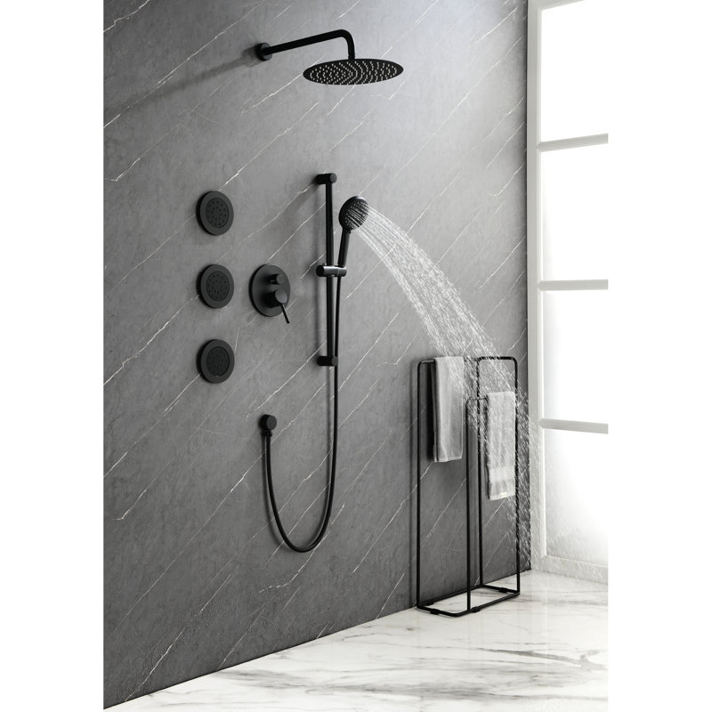 Shower System Matte Black With Abundant Utilities. Head, Hand Shower, Slide Bar, Bodysprays. Natural Rainfall Mimic. Brass. Wall Mounted Black. Feeling. Self-Cleaning Nozzle.
