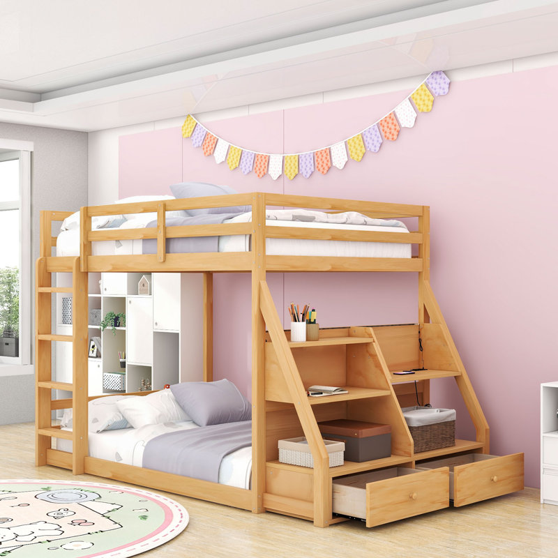 Full over Full Bunk Bed with LED Light Strip and USB Charging,Drawers, Natural
