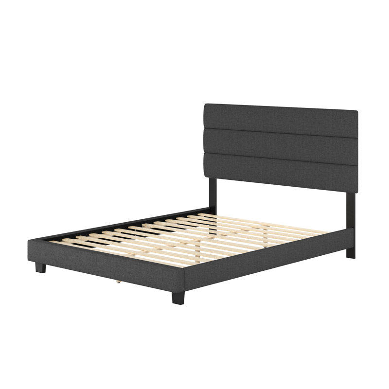 Sicily Dark Linen Upholstered Queen Platform Bed Frame with Headboard