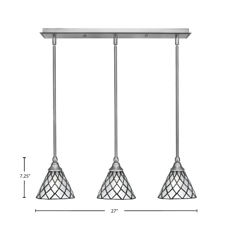 Luminaire suspendu linéaire à 3 lumières suspendu au fini nickel brossé avec verre de glace à losanges de 7 po