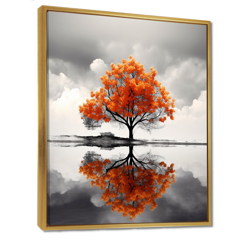 Orange Autumn Tree Alone In The Lake - Tree Wall Art Decor, 32" H x 24" W, Gold Floater Framed, Solid Wood