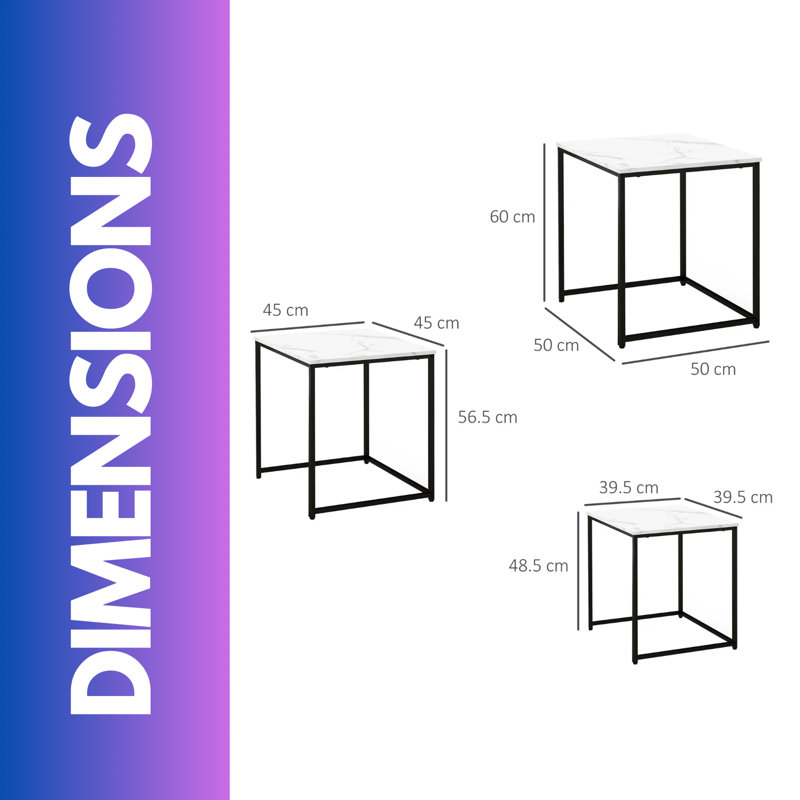 Anashe 3PC Square Nesting Tables Marble Effect