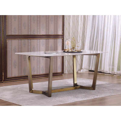 65-Inch White Sintered Stone Dining Table With Trestle Metal Base