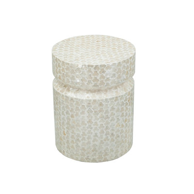 14" Round White Capiz Accent Stool with Geometric MDF Base