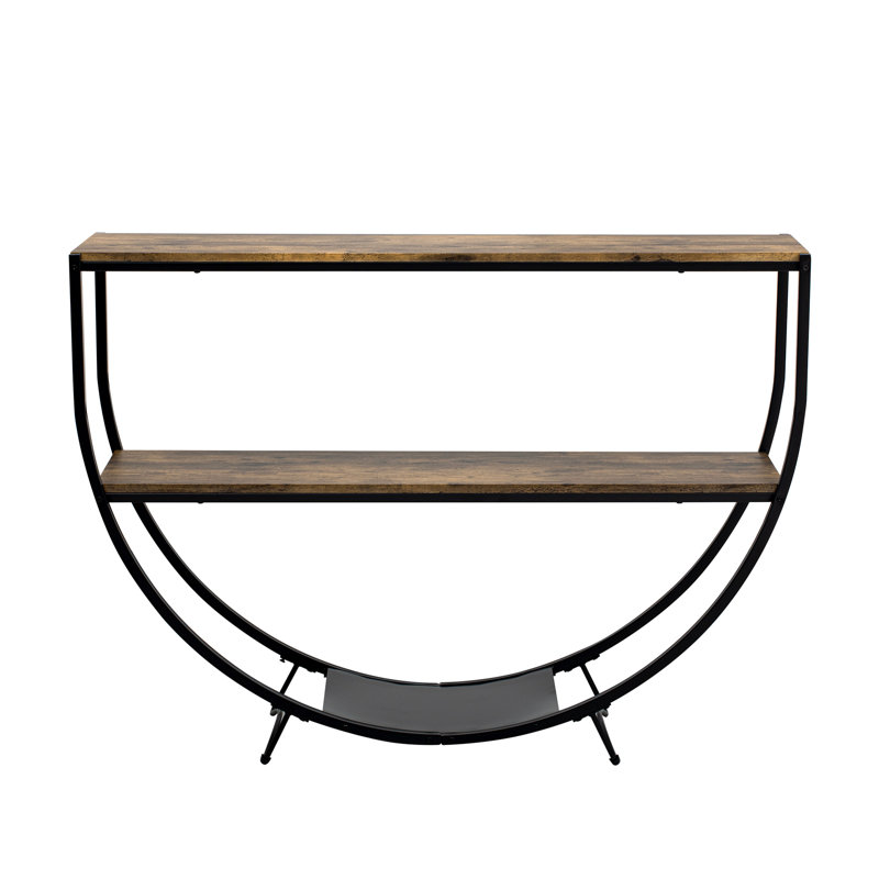 Rustic Industrial Design Demilune Shape Textured Metal Distressed Wood Console Table, Brown