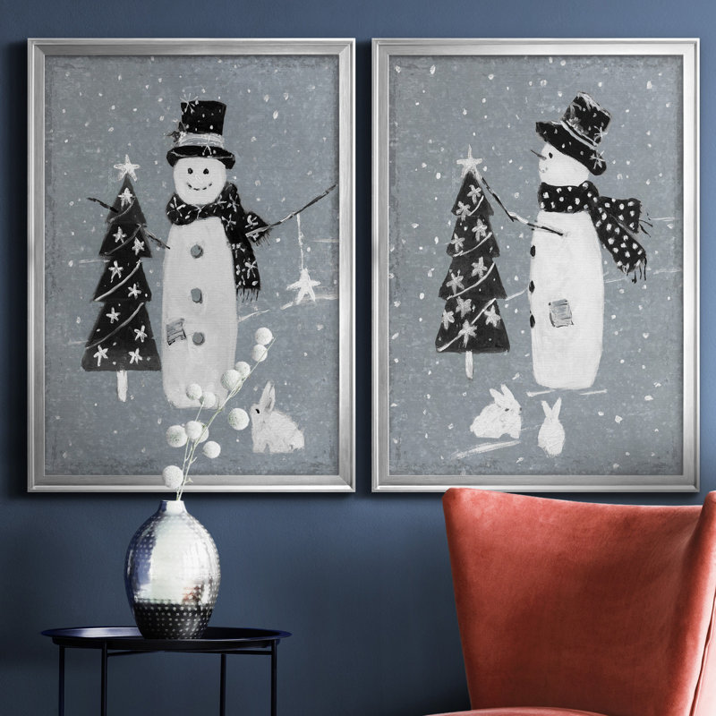 «Snowman Galvanized I», ensemble de 2 reproductions, Pas de tapis, Toile encadrée argentée, H 22,5 po x l 61 po x P 1,5 po