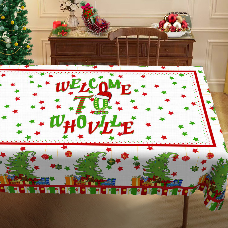 Washable Polyester Christmas Snowman Pattern Tablecloth for Christmas Decor, 86.6" L x 59.8" W
