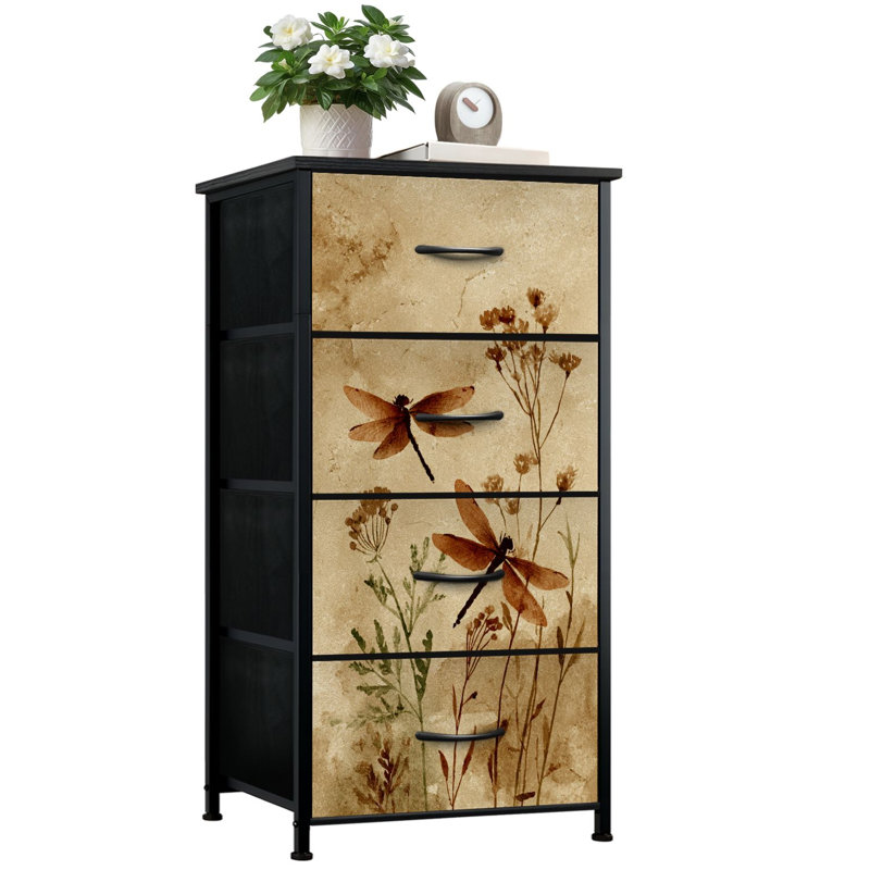 Commode pour chambre à coucher avec 4 tiroirs de rangement Commode à fleurs en libellule sépia Wildflower Botanical Vintage