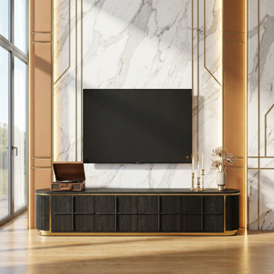 Meuble télé 78 pouces en bois massif noir et console multimédia en acier inoxydable 304 avec armoires cachées