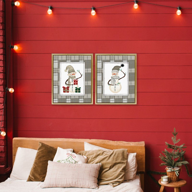 Ensemble de 2 cadres flottants Cozy Snowmen on Plaid, design par Cindy Jacobs, H 31 po x l 25 po