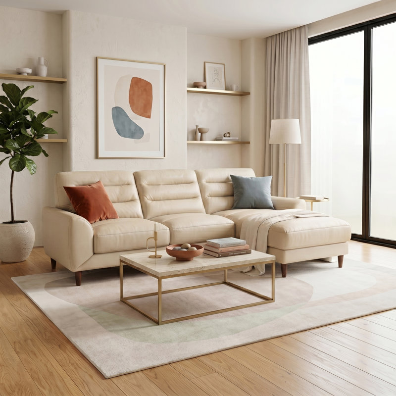 Canapé modulaire en cuir véritable Isbell, Cuir véritable crème / rembourrage en mousse