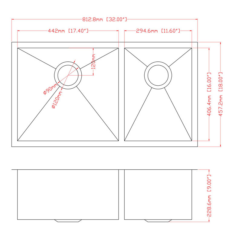 Évier de cuisine à double cuve encastrable en acier inoxydable de calibre 16 16 x 32 po (60/40) avec évier profond de 9 pouces