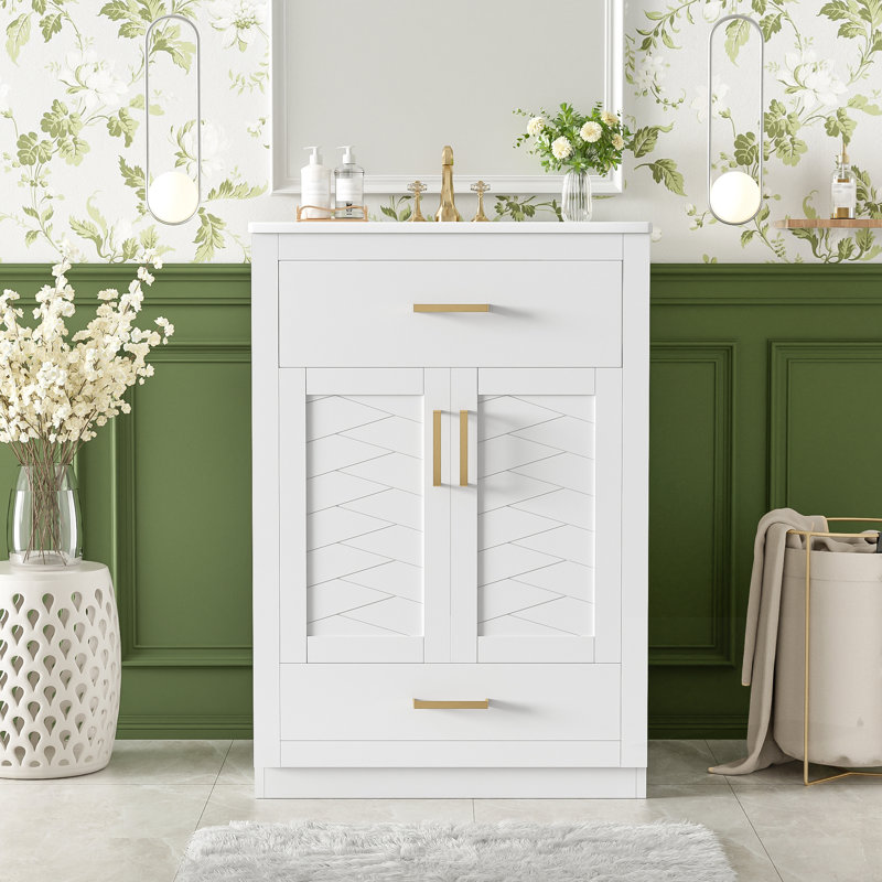 Meuble-lavabo avec lavabo et rangement en céramique intégrés, pour les petites et moyennes salles de bain, Blanc