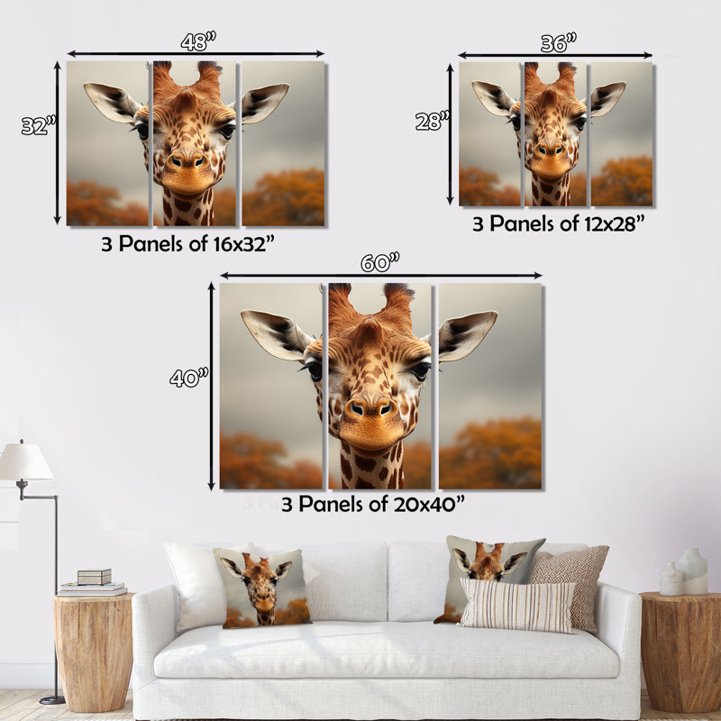 Girafe, portrait doux sur toile, 3 pièces, H 40 po x l 60 po x P 1 po