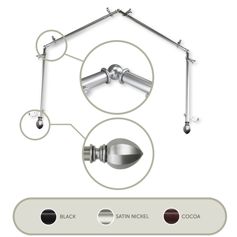 Ensemble de quincaillerie à rideaux simple à 3 côtés pour fenêtre bay Judi, Nickel satiné, 28 po à 48 po (chaque côté)
