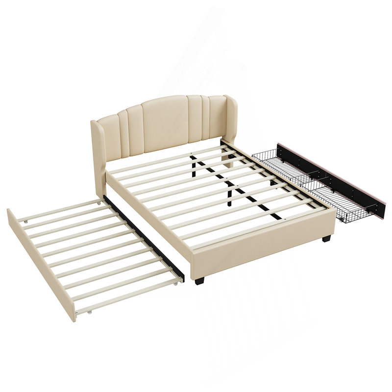 Lit plateforme tapissier à oreilles avec lit gigogne et tiroirs, Beige