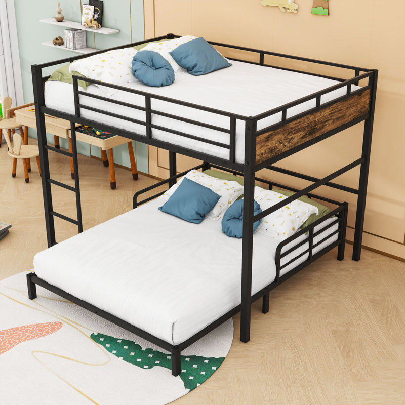 Metal Bunk Bed With Safety Rai, Vintage Wood, Full Over Full