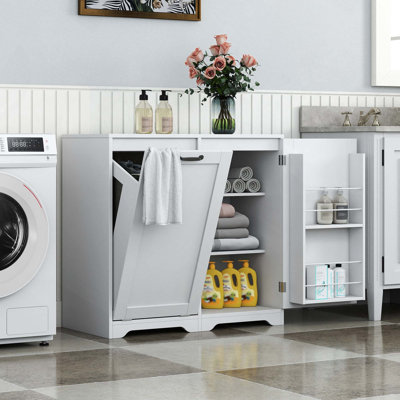 Freestanding Laundry Cabinet With Doors, Adjustable Shelf And Tilt-Out Hamper For Ample Storage