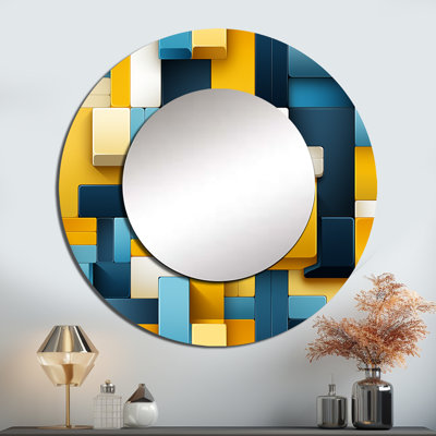 Harmonie de blocs géométriques jaunes et bleus - miroir géométrique, miroir mural rond vert, impression sur métal