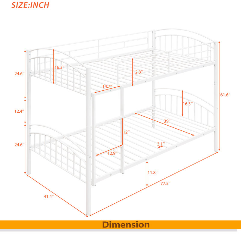 Twin Over Twin Metal Bunk Bed,Divided Into Two Beds, White