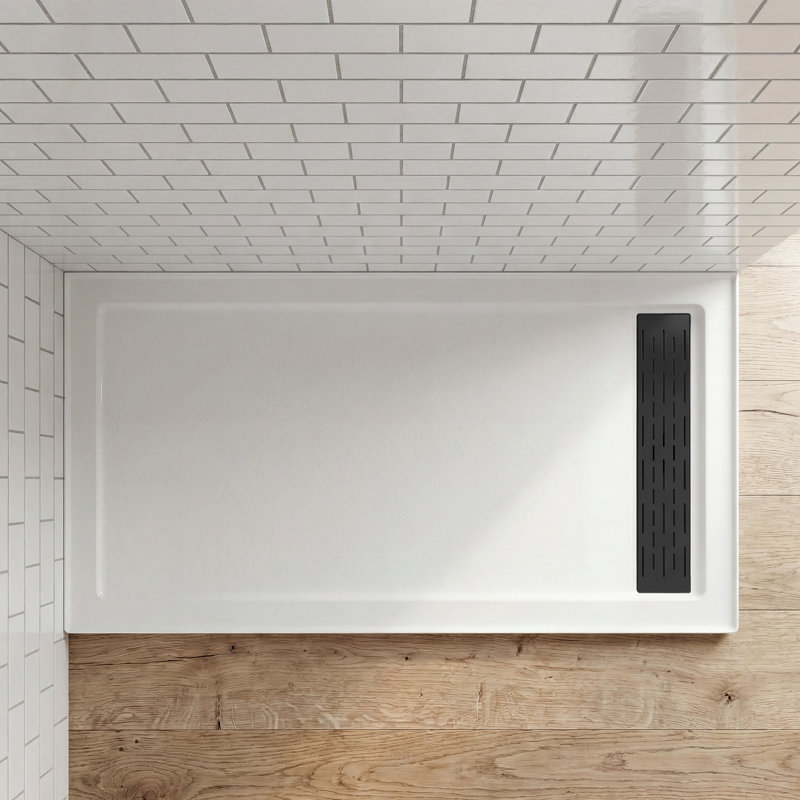 60" x 32" Acrylic Shower Pan Base with Slip-Resistance Finish & Matte Black Linear Drain Cover, Right Drain, Matte Black