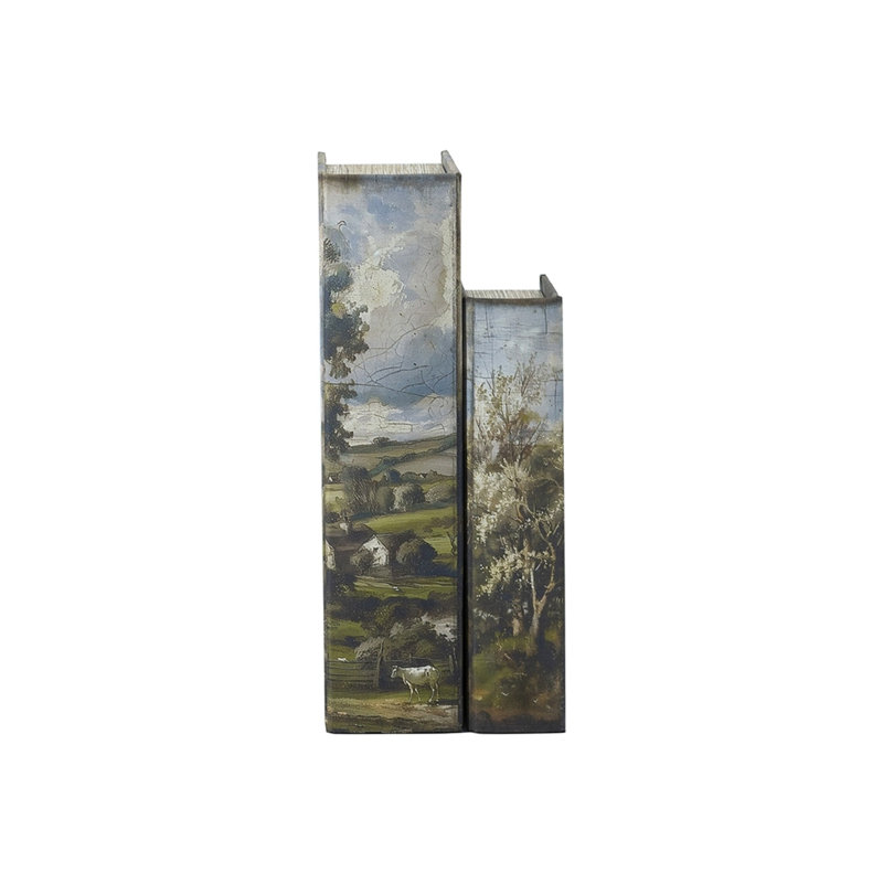 Ensemble de 2 boîtes à livres décoratives avec motifs de paysage de campagne en toile multicolore et panneau de fibres à densité moyenne