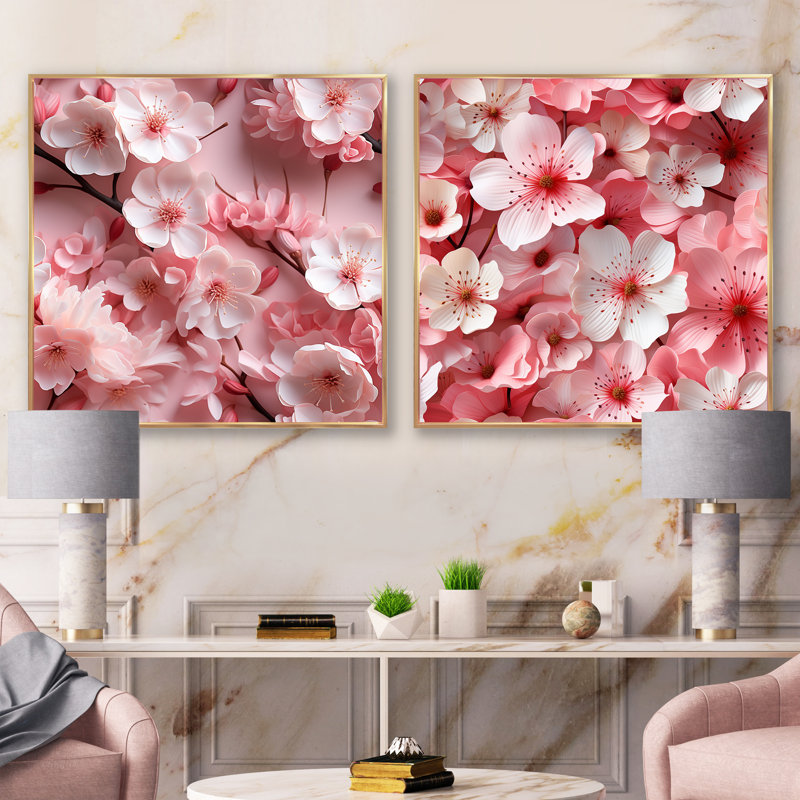 Rose Sakura Blossoms Floral IV - ensemble de 2 collages floraux carrés, Cadre flottant doré, H 30 po x l 61 po