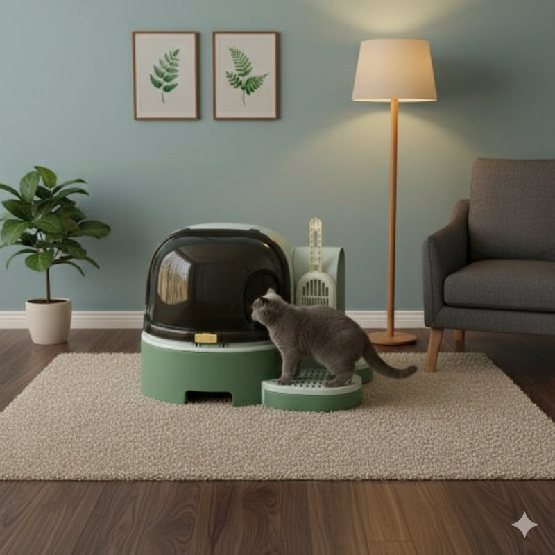 Enclosed waste receptacle for felines.