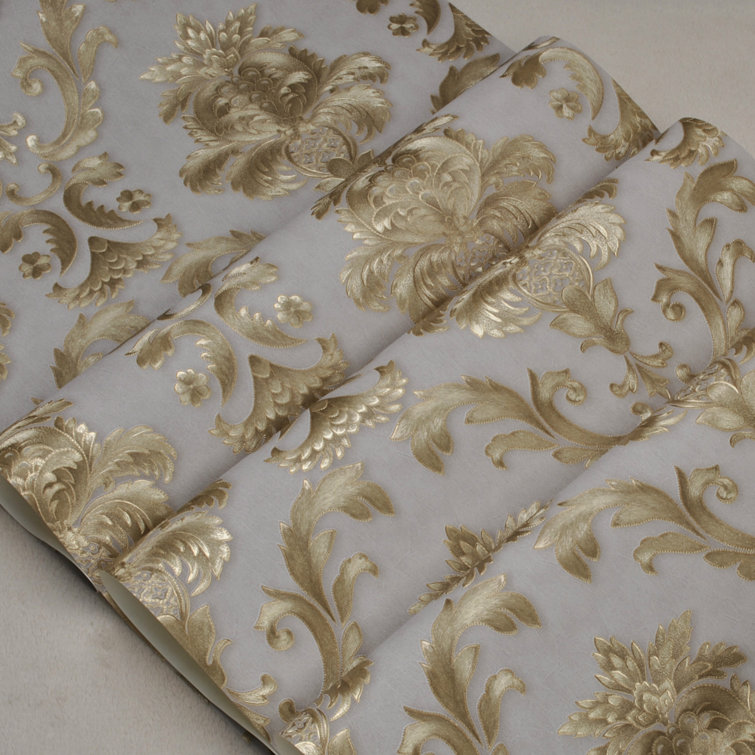 Deakyne Gold Textured Luxury Classic Damask Wallpaper Home Decor Wall Paper Roll House of Hampton