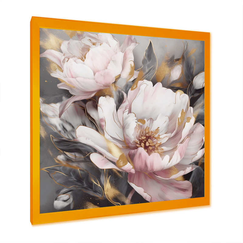 Pink Grey Peonies Elegance II - Print, Picture Framed, 16" H x 16" W, Gold