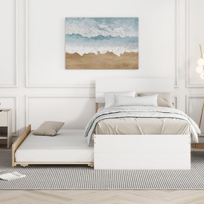Cadre de lit simple moderne avec lit gigogne simple pour tête et pied de lit blanc brillant, Blanc / Chêne clair