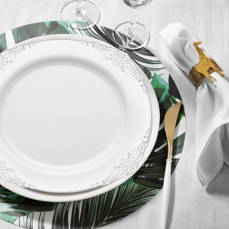 Assiettes à salade rondes jetables en plastique blanc et argenté (19 cm) - 120 assiettes, White/Silver