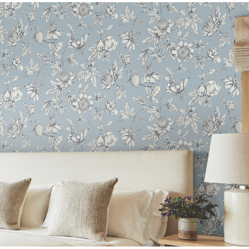 Passion Flower Toile Floral Wallpaper Roll, Sky Blue