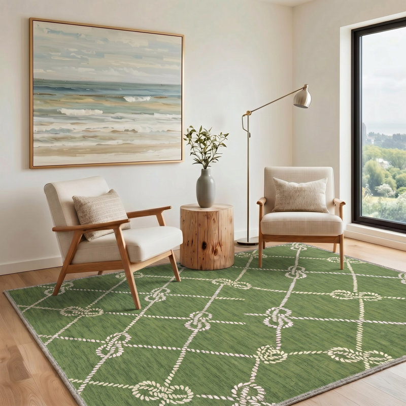 Tapis géométrique vert / ivoire lavable à la machine avec envers antidérapant, Rond 5 pi