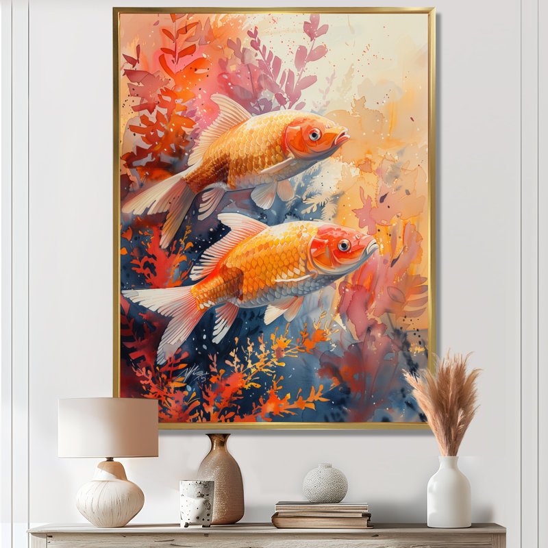 «Orange Coral Marine Koi Fish Magic», impression d'art mural de corail, Black Picture Framed, H 30 po x l 40 po