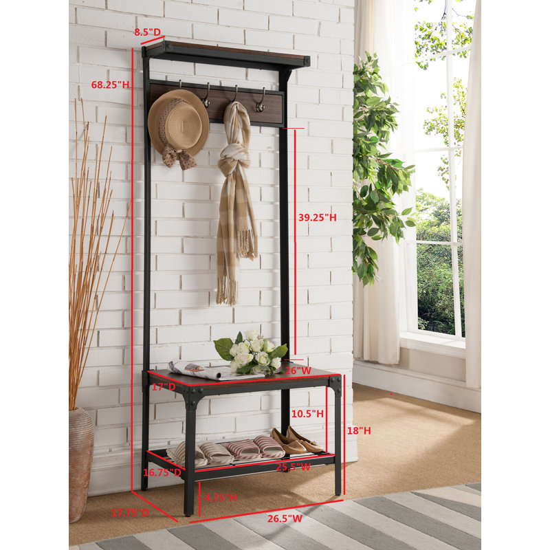 Fishel Entryway Bench with Storage Rack - Metal Shoe Rack & Coat Rack with Shelf & Hooks - Antique Hallway Bench