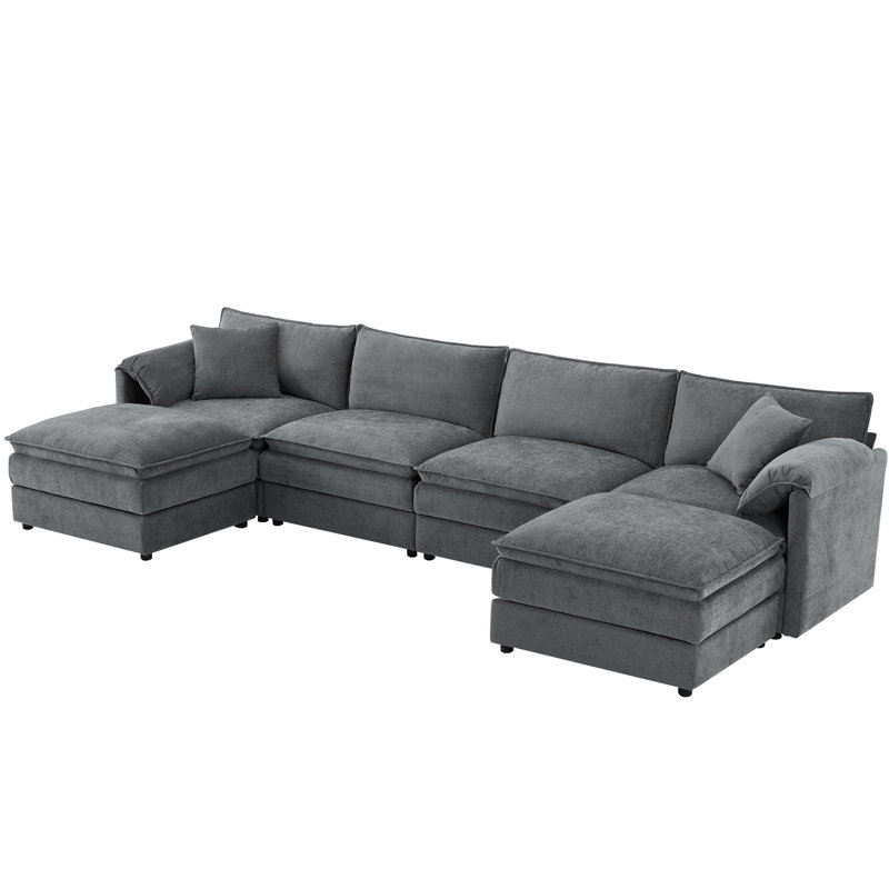 Chenille Modular Sectional Sofa With Deep Seat Comfort And Movable Ottoman, Dark Grey