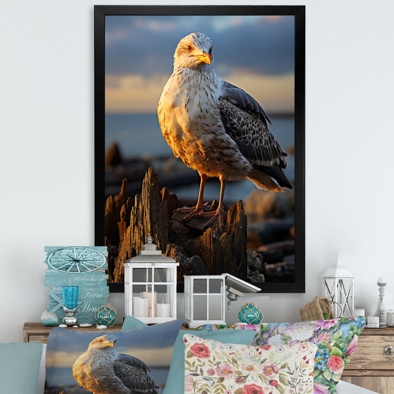 Impression sur toile Bahattin Seagull Vibrant Portrait on Rock On, H 40 po x l 30 po x P 1,5 po, Cadre photo noir