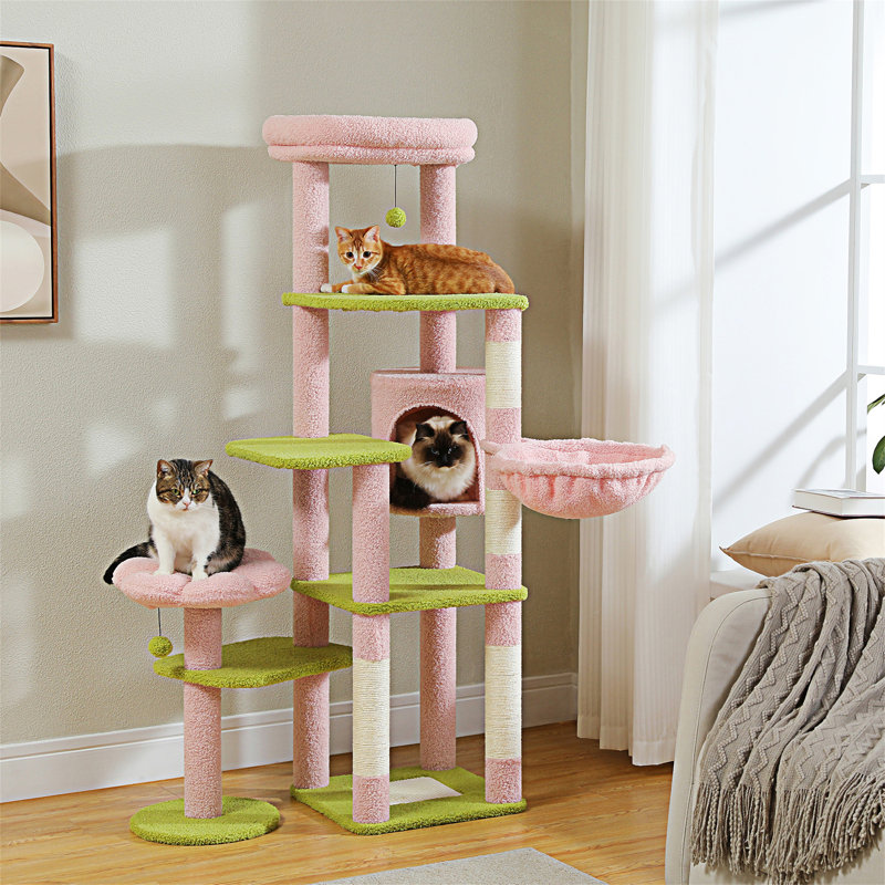 Arbre à chat 59 po Cactus, grand arbre à chat pour chats d'intérieur, tour à chat pour grands chats, tour à chat multi-niveaux, condo pour chat avec grand hamac, poteau à griffes et 2 perchoirs