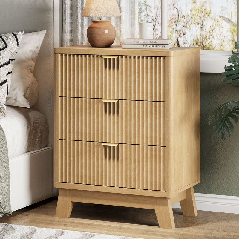 3-Drawer Fluted Nightstand with Storage, 24" Wide Mid Century Modern Bedside Table, Wooden End Table with Metal Handles & Splayed Legs, Small Dresser for Bedroom, Living Room,