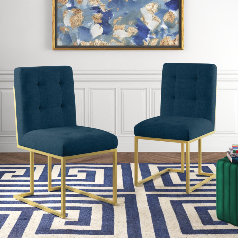 Privy Stainless Steel Upholstered Fabric Dining Accent Chair, Azure, 2, Gold