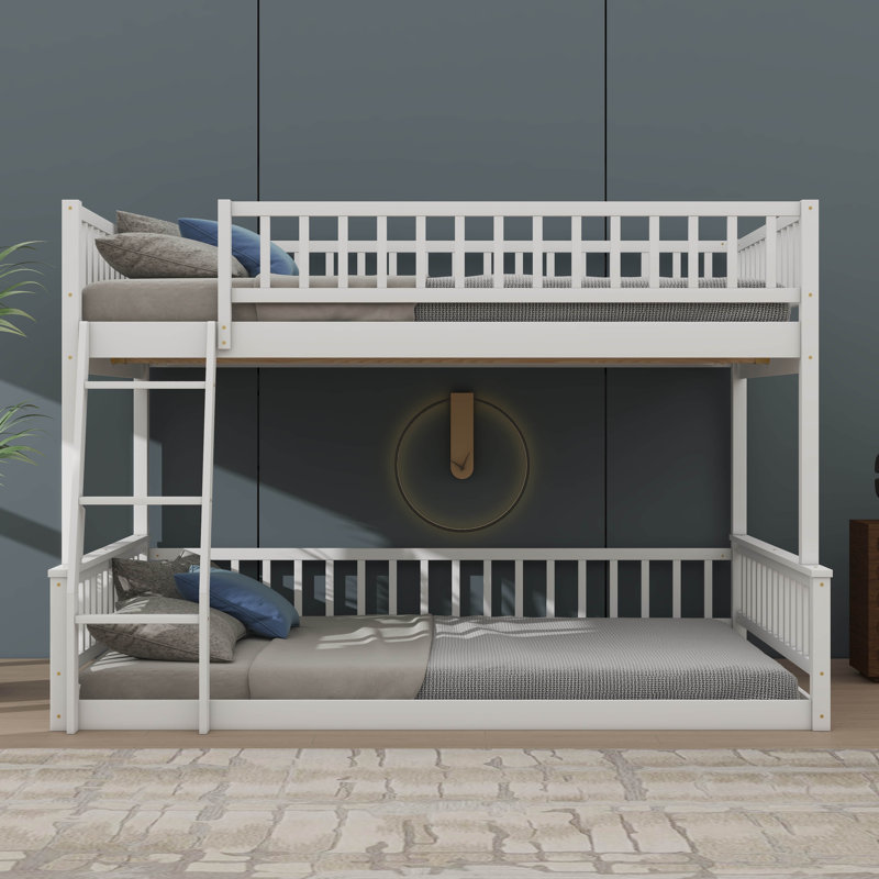 Full XL Over Queen Bunk Bed With Ladder & Safety Rails, Wooden Bunk Bed Suitable For Guestroom