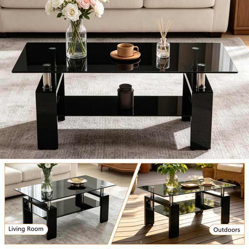 Table basse rectangulaire en verre, 17.7" H x 37.4" W x 21.6" D, Noir, Noir