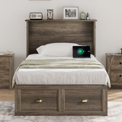Arlina Farmhouse Twin Murphy Bed With Charging Station & Storage Drawer,Rusitc Gray