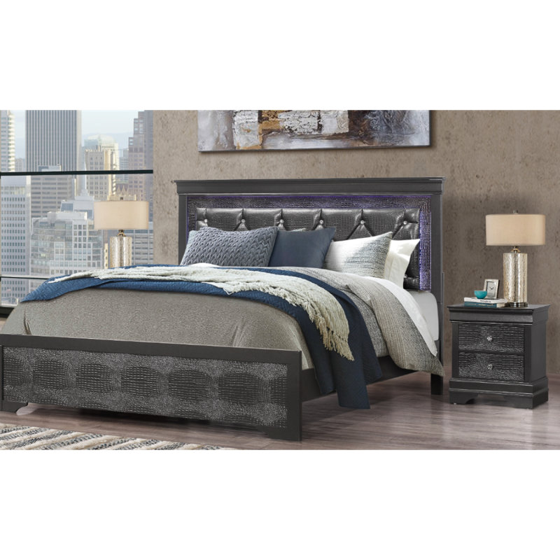 SHAKER GREY QUEEN BED WITH LED, Gray, Queen