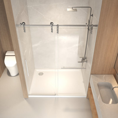 50-54" x 76" H Frameless Sliding Shower Door, 5/16" (8mm) Clear Tempered Glass, Stainless Steel Frame